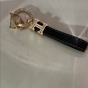 Gold and Black Leather 'H' Accent Keychain Strap